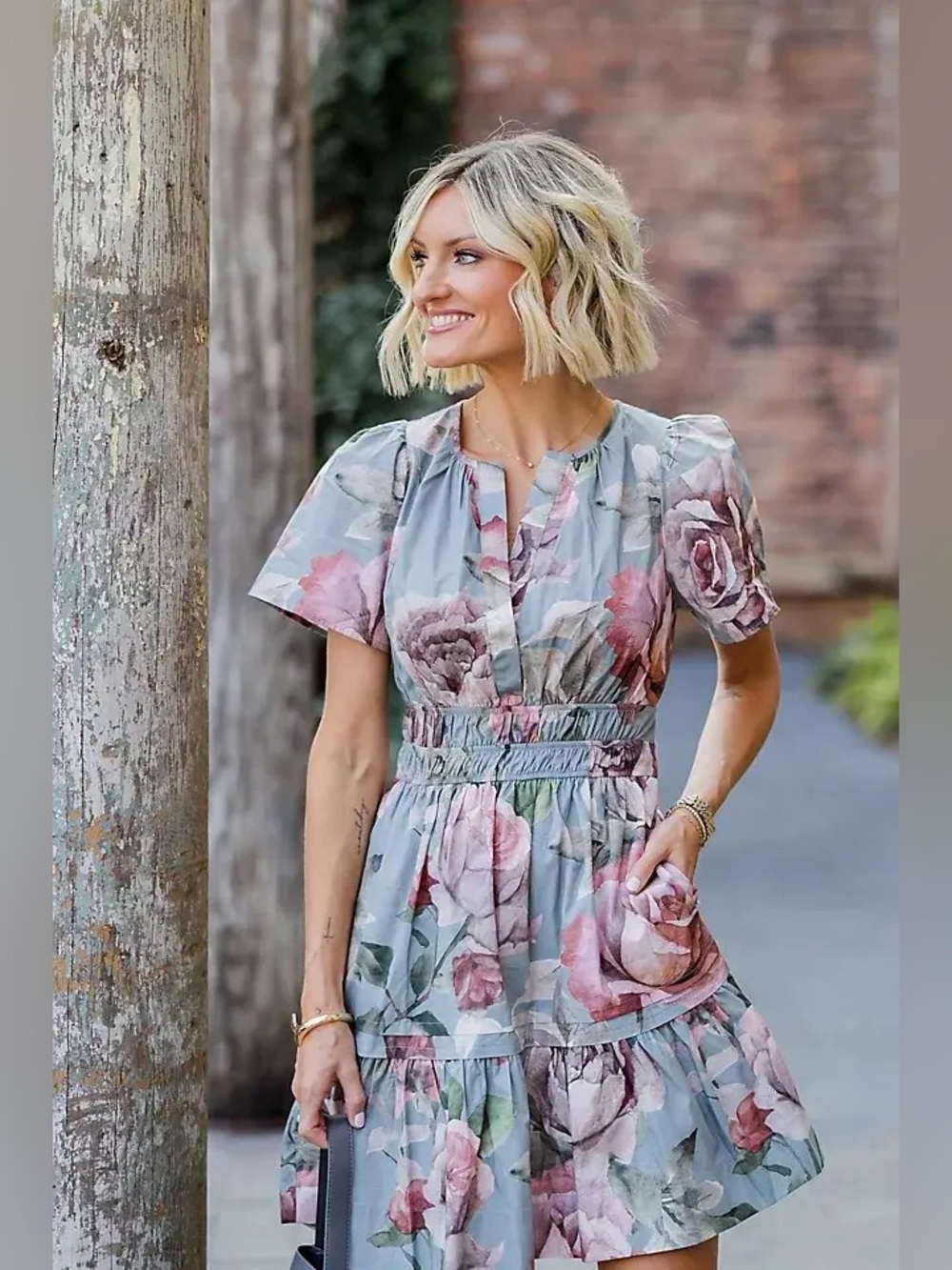 Anthropologie x Loverly Grey Somerset Mini Dress Short Sleeve Floral Gray XLP